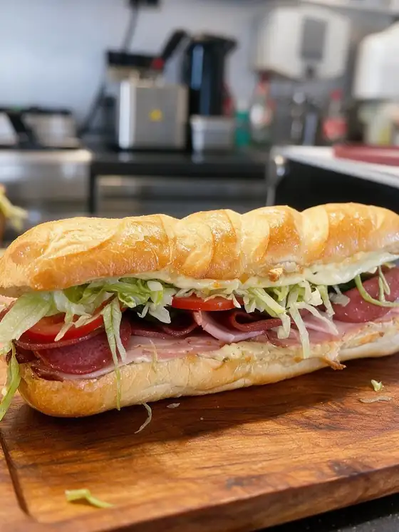 Frisch belegtes Baguette mit Schinken, Salami, Käse, Tomate und Eisbergsalat