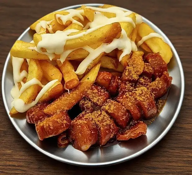 Currywurst mit Pommes und Käsesoße auf Edelstahlteller