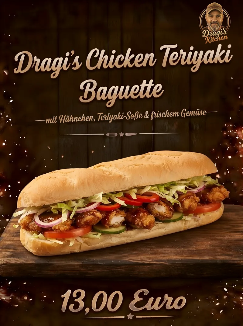 Neu im Sortiment: Dragi's Chicken Teriyaki Baguette mit Hähnchen, Teriyaki-Soße und frischem Gemüse, 13 Euro
