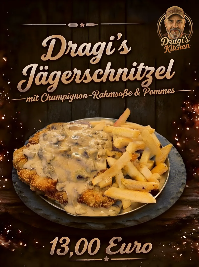 Dragi's Jägerschnitzel mit Champignon-Rahmsoße und Pommes, 13 Euro