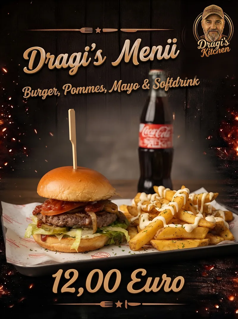 Dragi's Menü: Burger mit Rindfleisch, Soße, Zwiebeln, Tomate, Gurke und Salat, dazu Pommes mit Mayo und ein Softdrink, 12 Euro