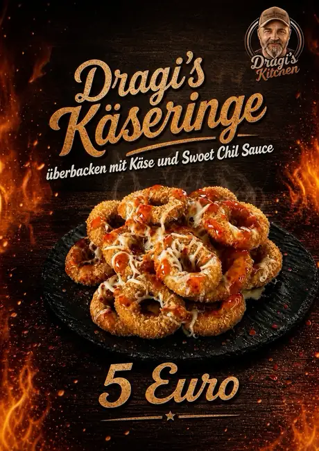 Dragi's Käseringe, überbacken mit Käse und Sweet Chili Sauce, 5 Euro